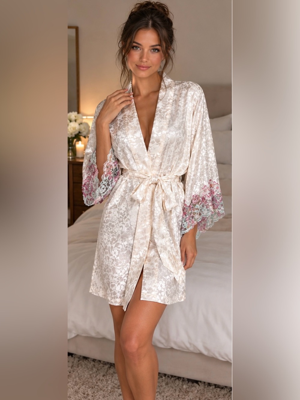 Vintage ValMode Peignoir Robe ivory satin Jacquard Lace Floral Cuff Made In USA